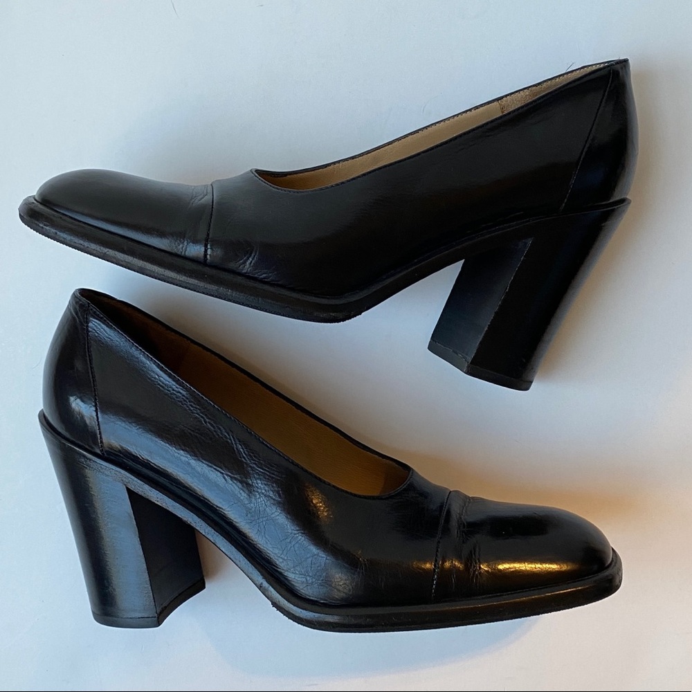 Vintage Chunky Leather Square Toe Block Heels